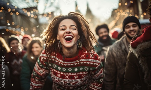 Cheerful young woman wearing a Christmas sweater dancing on Christmas, New Year party, x-mas tree lights background, Christmas decoration, falling confetti, Happy New Year, holiday, love of the season