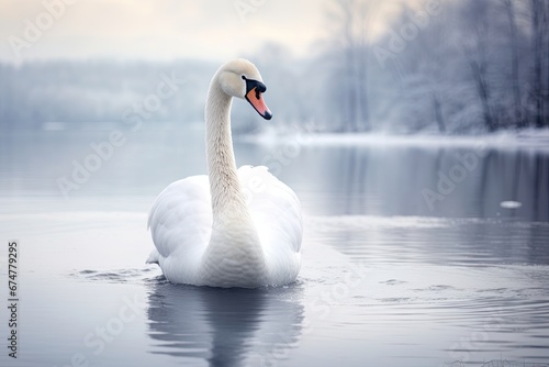 Swans on the frozen lake in winter. Generative Ai