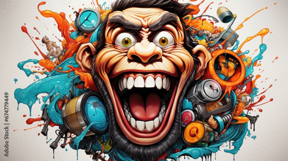 a drawing of a monkey with headphones and paint splatters on it's face ...