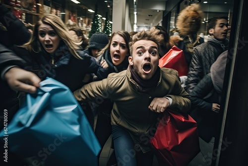 Midnight Black Friday shopping spree, with shoppers jostling to grab discounted products, devices, clothes in a shopping center, seasonal sales. Diverse people customers rushing for bargains, hunting photo