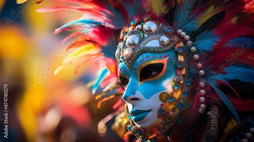 Man in bright carnival clothes with a mask. The mask is decorated with feathers and patterns © ColdFire