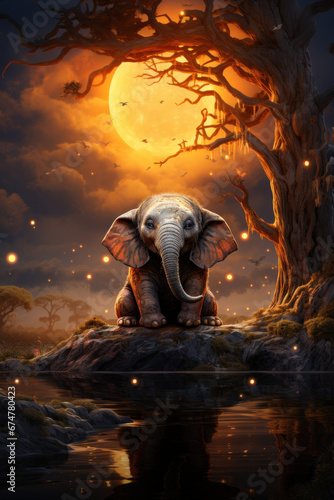 Elephant sitting on a stone with the moon and magic light. AI Generative