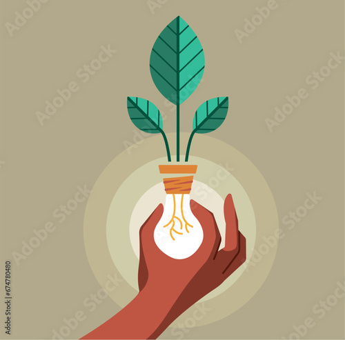 renewable energy. a human hand holding a plant, and roots are out of the flowerpot like the filament of a lamp. vector illustration with separated items.