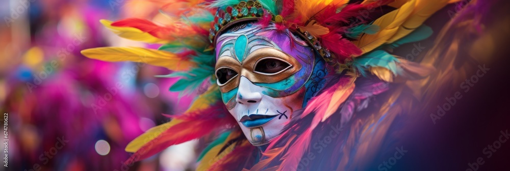 Man in bright carnival clothes with a mask. The mask is decorated with feathers and patterns