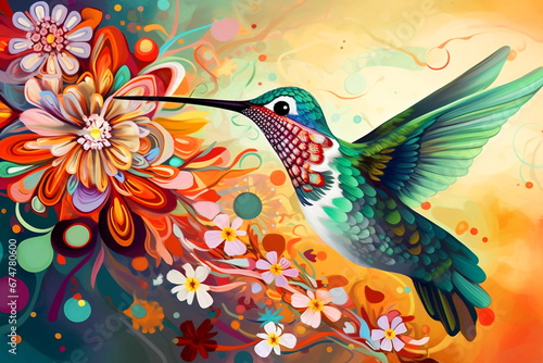 Kolibri - Farbenfrohe Vögel ähnlich Holzschnitt oder Linolschnitt © paganin