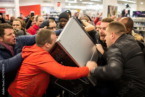 Chaos on Black Friday. People fighting over products at the store, People bargain hunters fighting