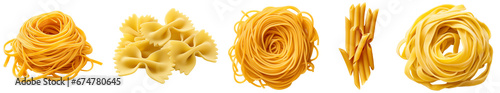 Collection of different italian pasta types, from left to right: linguine, farfalle, spaghetti, penne, tagliatelle, isolated on white background