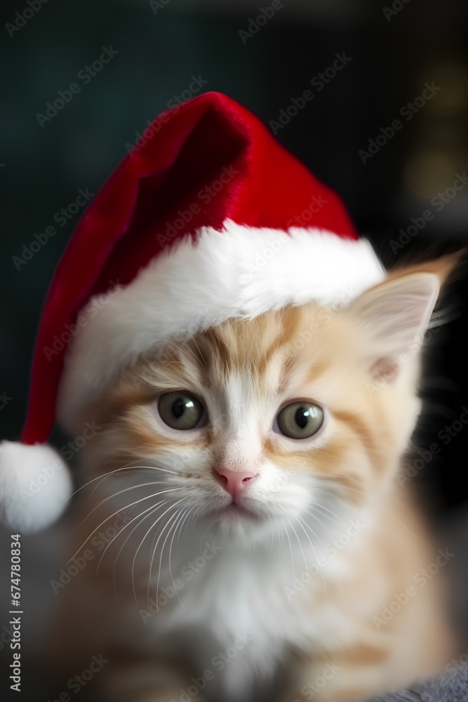 Curious red kitten in Santa Claus Christmas red hat looking at the camera Curious red kitten in Santa Claus Christmas red hat looking at the camera