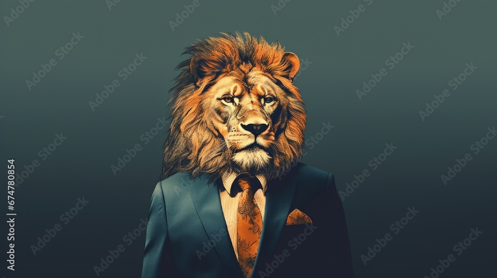 Lion in a suit Man with a head of lion Concept graphic in vintage style Lion in a suit Man with a head of lion Concept graphic in vintage style