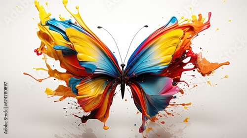  a colorful butterfly flying through the air with paint splatters all over it's back and wing ends.  generative ai photo