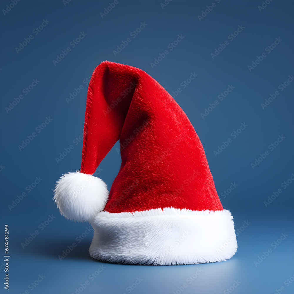Red christmas Santa hat on blue background Red christmas Santa hat on blue background