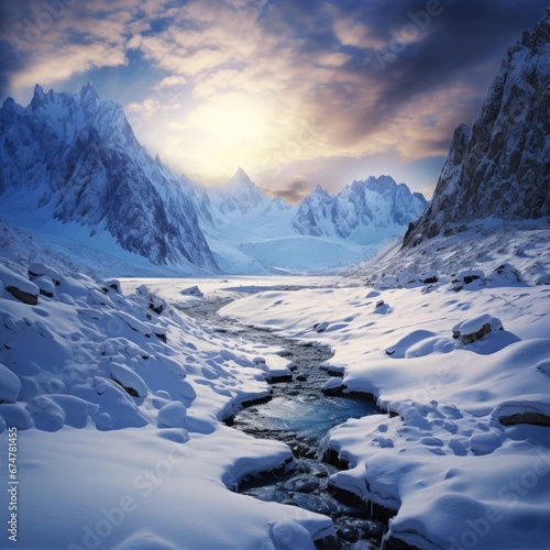 Majestic winter landscape featuring snowy mountains and a serene stream at sunrise, radiating tranquility and beauty.