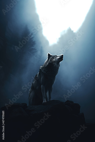 Silhouette of a wolf in a foggy dark fantasy forest. © ana