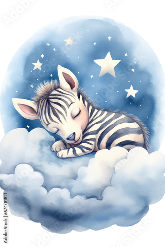 Cute zebra sleeping on a cloud watercolor drawing. Generative AI