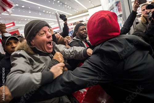 Chaos on Black Friday. People fighting over products at the store, People bargain hunters fighting photo