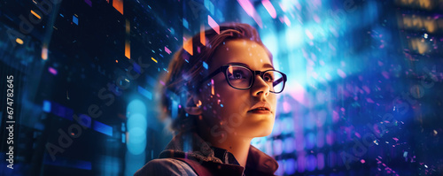 Young woman wearing eyeglasses browsing a futuristic immersive digital world #674782645