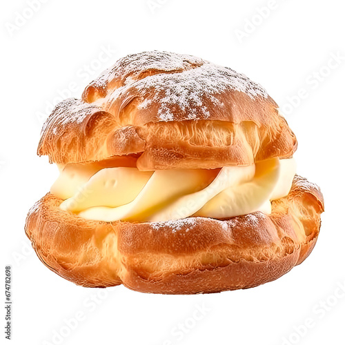 cream puff or choux pastry filled with custard isolated on a transparent background