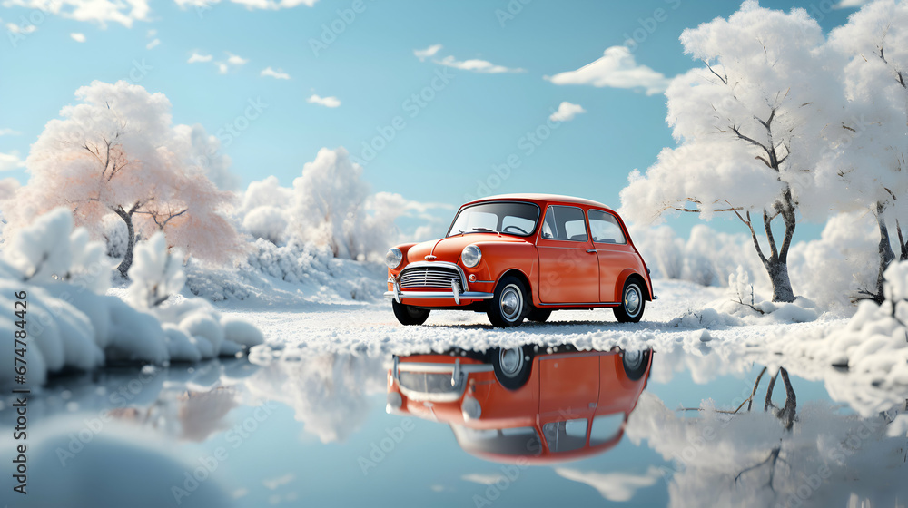Adorable retro car monument on the background of a snowy winter landscape, lovely illustration for Christmas, advertising banner or Christmas greeting card - obrazy, fototapety, plakaty 