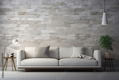 Modern Living Room Interior Cozy White Sofa, Marble Stone Wall