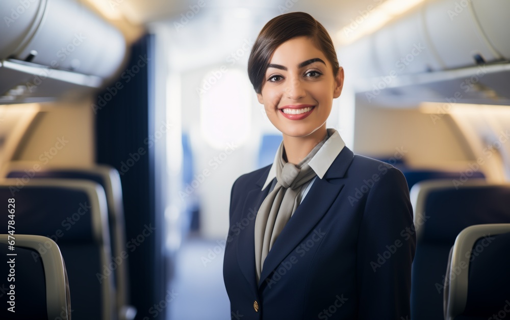 Portrait of young adult beautiful flight attendant inside passenger plane feeling proud and confidence. Portrait of young adult beautiful flight attendant inside passenger plane feeling proud and confidence.