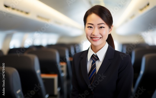 Portrait of young adult beautiful flight attendant inside passenger plane feeling proud and confidence. photo