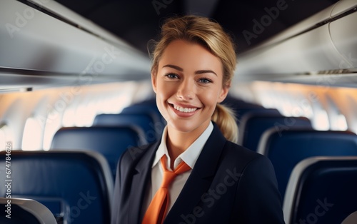 Portrait of young adult beautiful flight attendant inside passenger plane feeling proud and confidence. photo