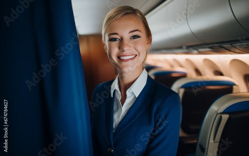 Portrait of young adult beautiful flight attendant inside passenger plane feeling proud and confidence. © COC STUDIO
