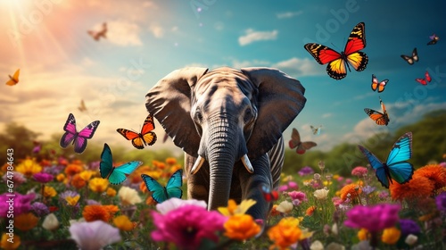 World Animals Day or Wildlife Day theme Elephant  tiger  parrot  butterflies in nature reserve Saving planet Earth  protect wildlife sanctuary  protection of endangered species  photo safari concept