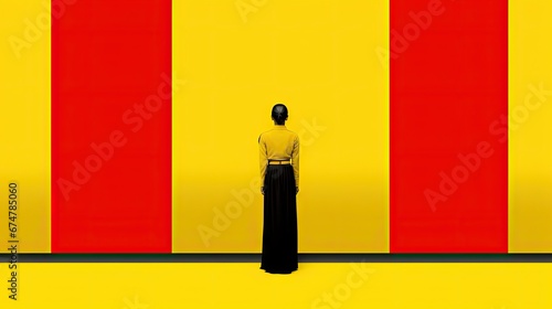  a woman standing in front of a yellow and red striped wall with her back to the camera and her back to the camera. generative ai