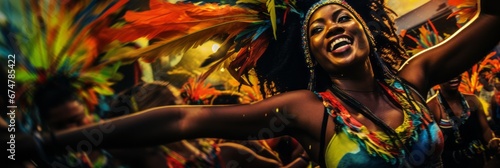 Dark-skinned people dance at a colorful carnival