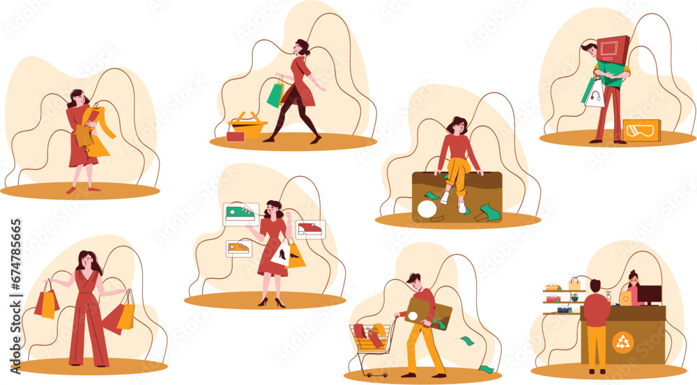 Sales promotion illustration set. Shopping Characters of shopping bags and closets bursting with abundance of clothes.