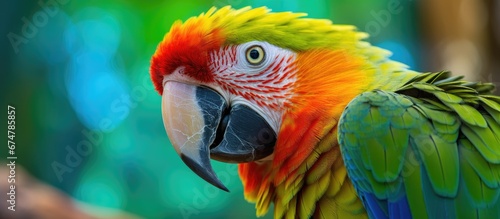 In the colorful background of a tropical environment a funny bird with vibrant green blue and orange feathers captures everyone s attention with its captivating eyes offering a glimpse into  photo