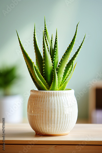 Aloe vera in ceramic pot stands on wooden table against light green wall. Green succulent. Vertical. Selective focus. Generative AI