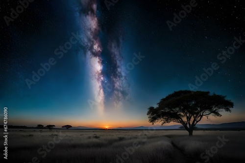 A vast savanna stretches beneath a dark, starry sky illuminated by a radiant full moon - AI Generative