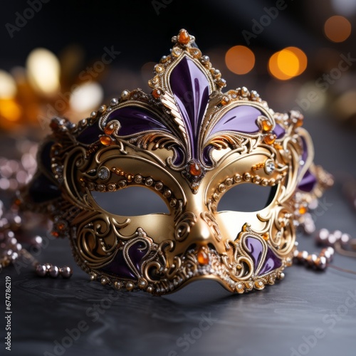 Golden carnival mask on a purple background