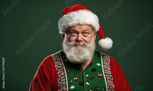 Studio portrait of modern Santa Claus in Christmas ugly sweater, in santa hat. Bearded man over the green wall, copy space for text. Festive background. x-mas, Happy New Year, holiday love