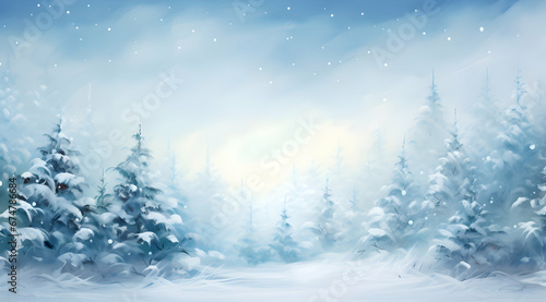 Winter Christmas background, frosty lovely winter scenery with falling snow and coniferous trees, illustration for Christmas advertising banner or Christmas greeting card © Cris