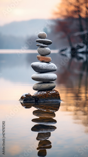 Stack of stones on shallow water symbolises zen, harmony, balance. Winter sunset