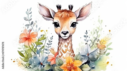 watercolor style illustration of happy baby giraffe in flower blossom garden, idea for home wall decor, kid room, Generative Ai