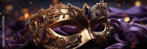 Golden carnival mask on a purple background