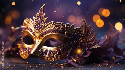 Golden carnival mask on a purple background