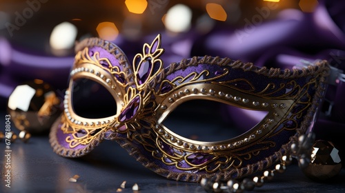 Golden carnival mask on a purple background