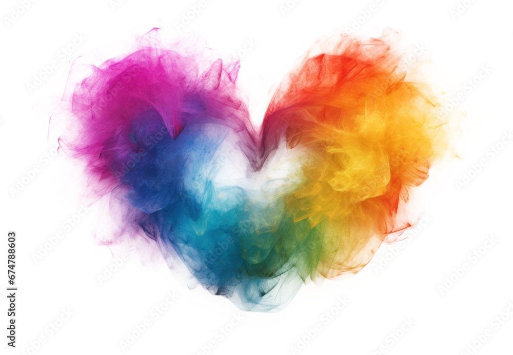 A heart made of rainbow smoke on transparent background. Romantic vivid explosion inked clouds, png element. - obrazy, fototapety, plakaty 