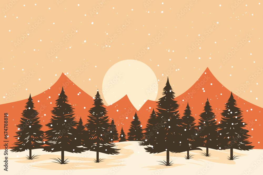 Naklejka premium Winter landscape in a simple cartoon style. Mountains, sunset, snowdrifts and trees in snowy weather. Design for Christmas or New Year card, poster, banner or cover.