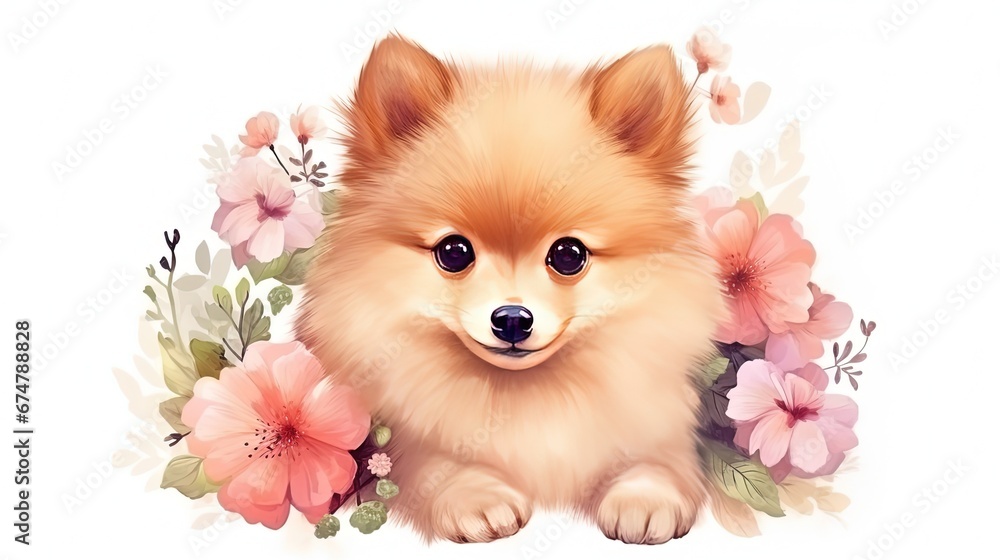 watercolor style illustration of happy baby Pomeranian dog in flower blossom garden, idea for home wall decor, kid room, Generative Ai