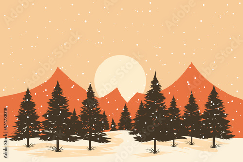 Winter landscape in a simple cartoon style. Mountains, sunset, snowdrifts and trees in snowy weather. Design for Christmas or New Year card, poster, banner or cover.