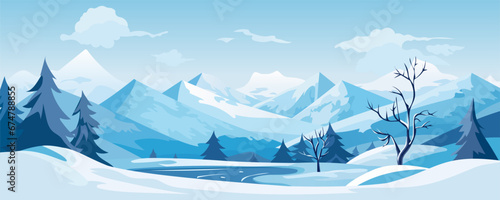 Winter panoramic landscape. Stunning views of the mountains against a backdrop of snow-covered trees and a frozen lake. Snow-covered trees, snowdrifts and magnificent high mountains.