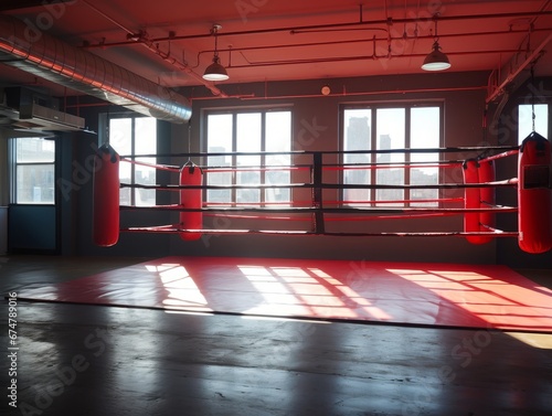 Epic empty boxing ring flooded with sunlight AI photo