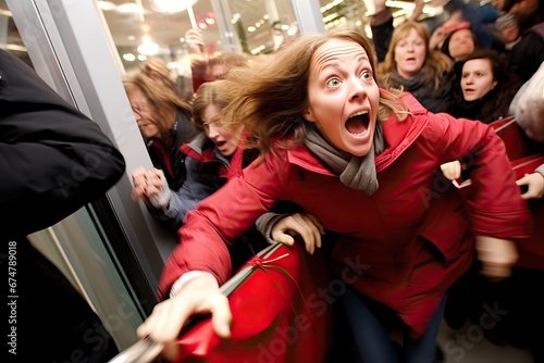 Shoppers rushing to grab items during a Black Friday doorbuster event. Midnight Chaos with Shoppers and Arguments Over Last Item, crowd of customers, bargain hunting concept