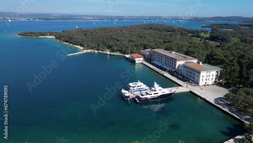 Aerial view of a small harbour on Veliki Brijun Island, Brijuni National Park, Istria, Croatia. photo